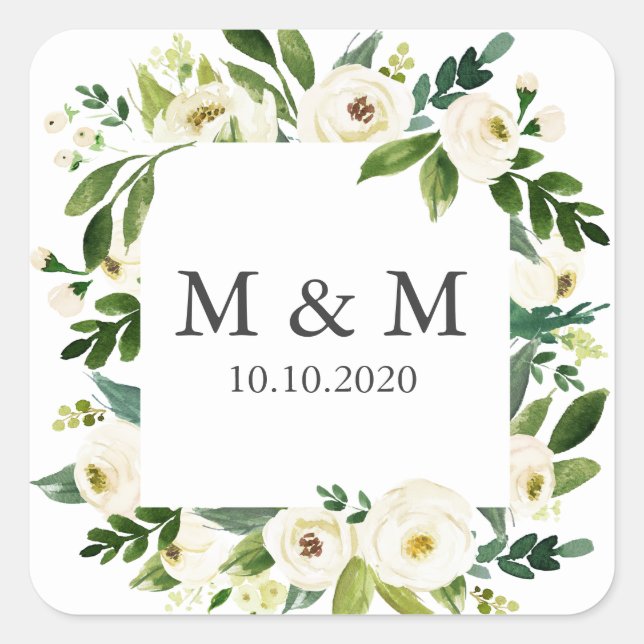 Sticker Carré Monogramme classique Mariage à fleurs blanches (Devant)