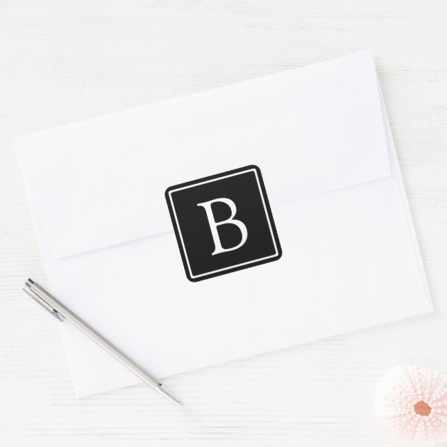 Sticker Carré Monogramme classique simple | Texte noir et blanc (Enveloppe)