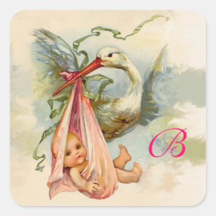 STICKER CARRÉ MONOGRAMME DE BABY SHOWER DE CIGOGNE,
