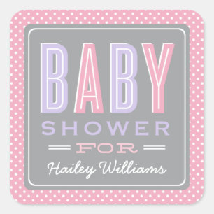 Sticker Carré Monogramme de Baby Shower Rose et Violet