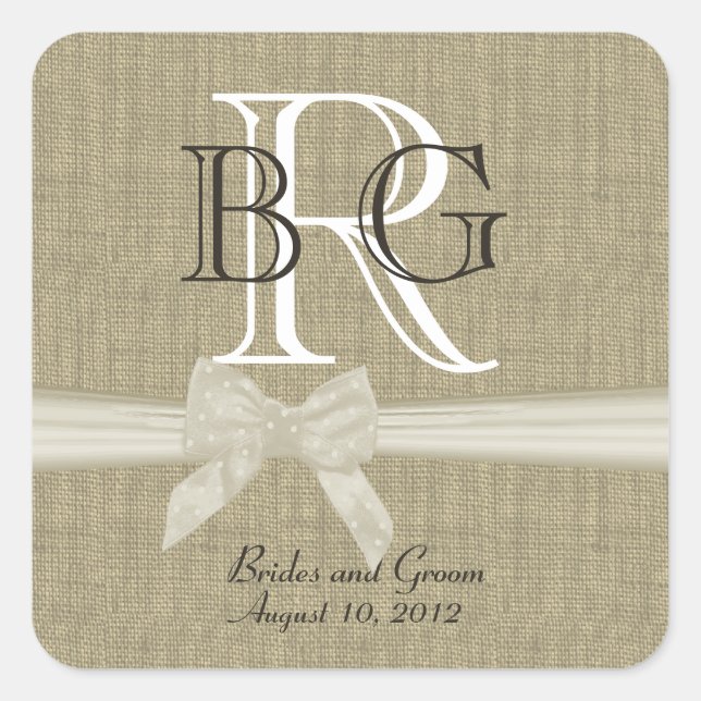 Sticker Carré Monogramme de Burlap et de Bow (Devant)