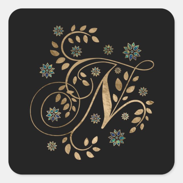 Sticker Carré Monogramme de calligraphie dorée de luxe avec lett (Devant)