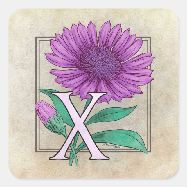 Sticker Carré Monogramme de fleurs Xeranthemum (Devant)
