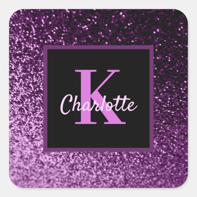 Sticker Carré Monogramme de luxe pailleté rose violet pour anniv (Devant)