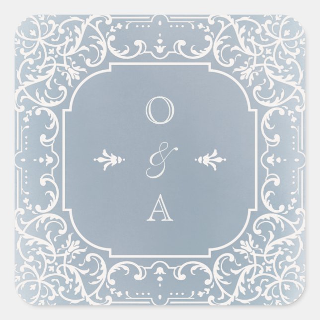 Sticker Carré Monogramme de mariage romantique bleu Dusty (Devant)