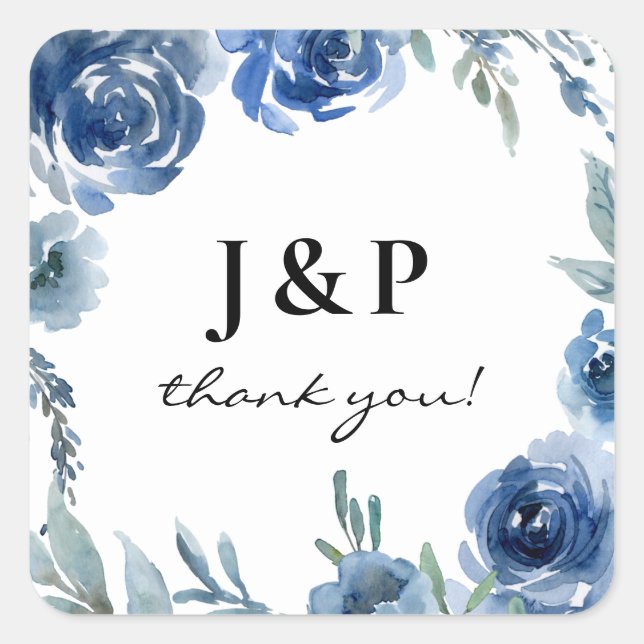 Sticker Carré Monogramme de Merci floral bleu et bleu - (Devant)