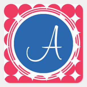 Sticker Carré Monogramme de point Polka bleu et rouge
