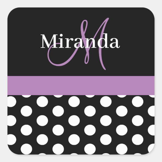 Sticker Carré Monogramme de point Polka noir violet (Devant)