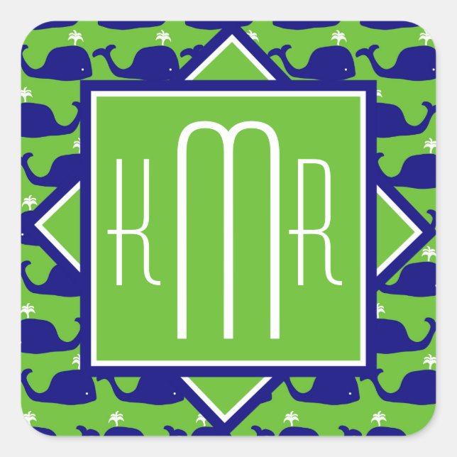 Sticker Carré Monogramme de Preppy | Baleines bleues et vertes (Devant)