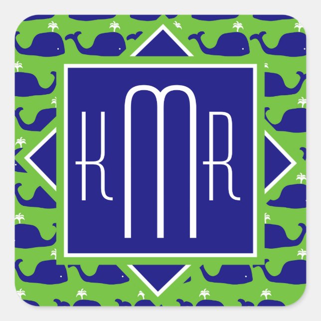 Sticker Carré Monogramme de Preppy | Baleines bleues vertes (Devant)
