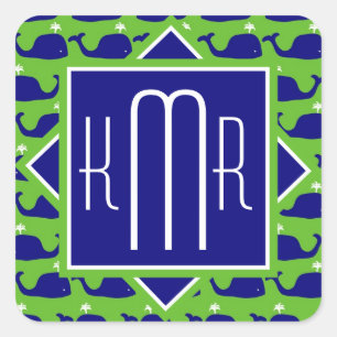 Sticker Carré Monogramme de Preppy Baleines bleues vertes