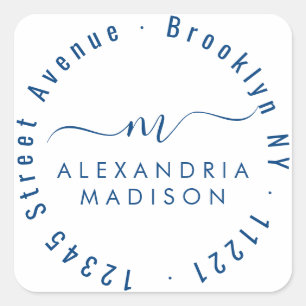 Sticker Carré Monogramme de script moderne Adresse Navy Blue