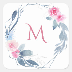 STICKER CARRÉ MONOGRAMME D'EAU FLORALE BLEU DOUX