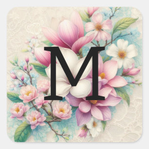 Sticker Carré Monogramme dentelle rose violet fleurs de magnolia