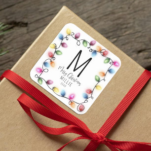 Sticker Carré Monogramme des lumières de Noël pour enfants