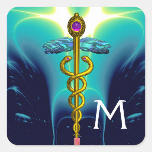 Sticker Carré MONOGRAMME D'OR CADUCUS, Turquoise Bleu