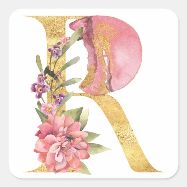 Sticker Carré MONOGRAMME D'OR lettre R avec fleur (Devant)
