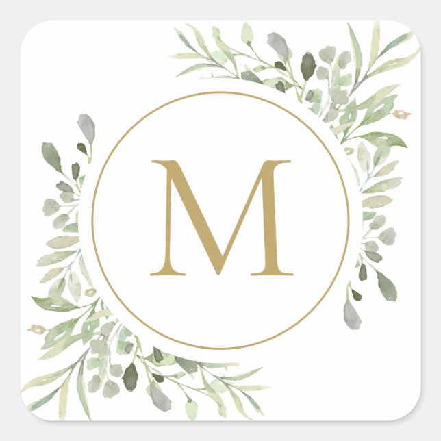 Sticker Carré Monogramme doré feuillage d'eucalyptus verdure (Devant)