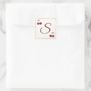 Sticker Carré Monogramme Élégant Motif Cerise Bordure à Découpe