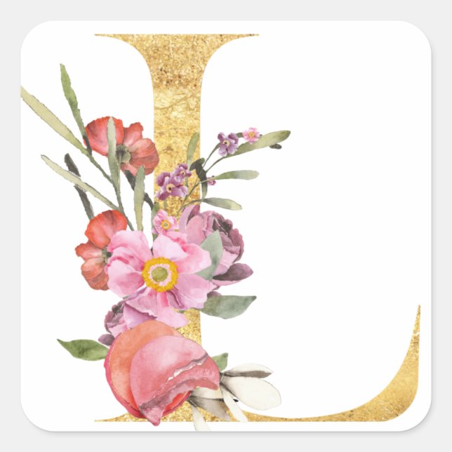 Sticker Carré Monogramme en or lettre L avec fleur (Devant)
