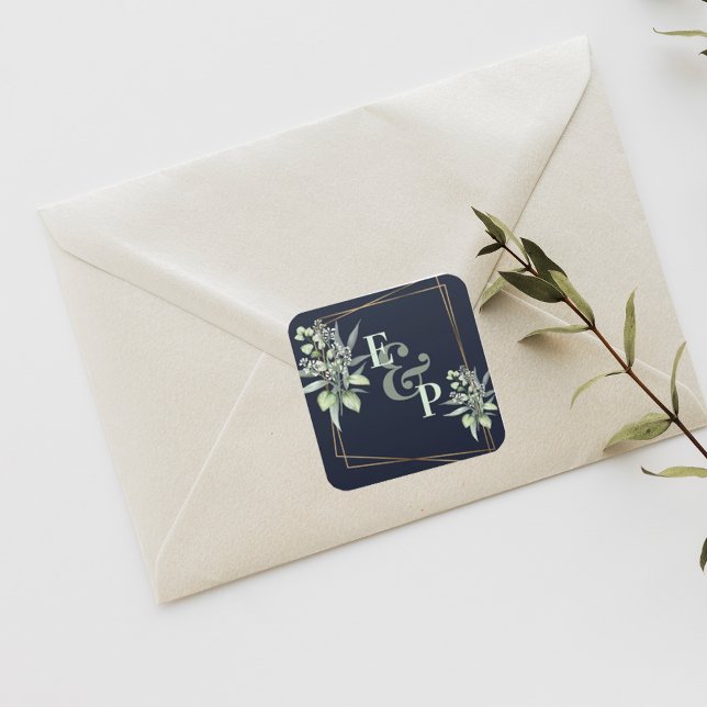 Sticker Carré Monogramme Eucalyptus Feuille Mariage vert mignon (Créateur téléchargé)