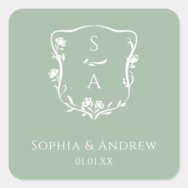 Sticker Carré Monogramme Eucalyptus moderne Mariage Floral Crest (Devant)