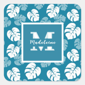 Sticker Carré Monogramme Floral Blanc Sarcelle Feuille de Monste