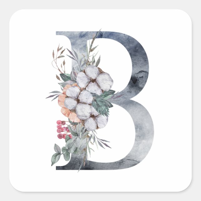 Sticker Carré Monogramme floral bleu initial B (Devant)