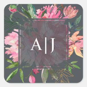 Sticker Carré Monogramme floral botanique de pivoine rose rubis