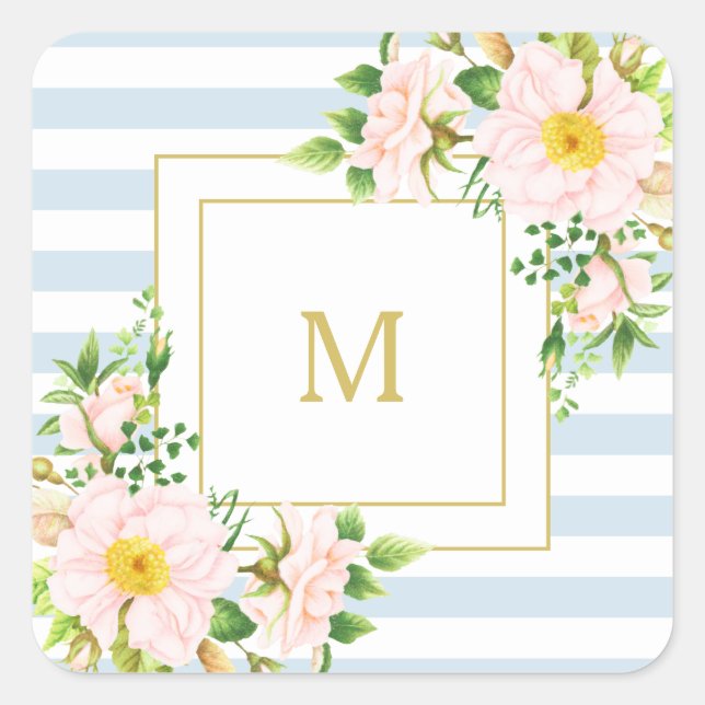 Sticker Carré Monogramme Floral Chic Pastel Bleu Stripes (Devant)