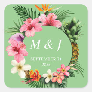 Sticker Carré Monogramme floral hawaïen tropical - Vert