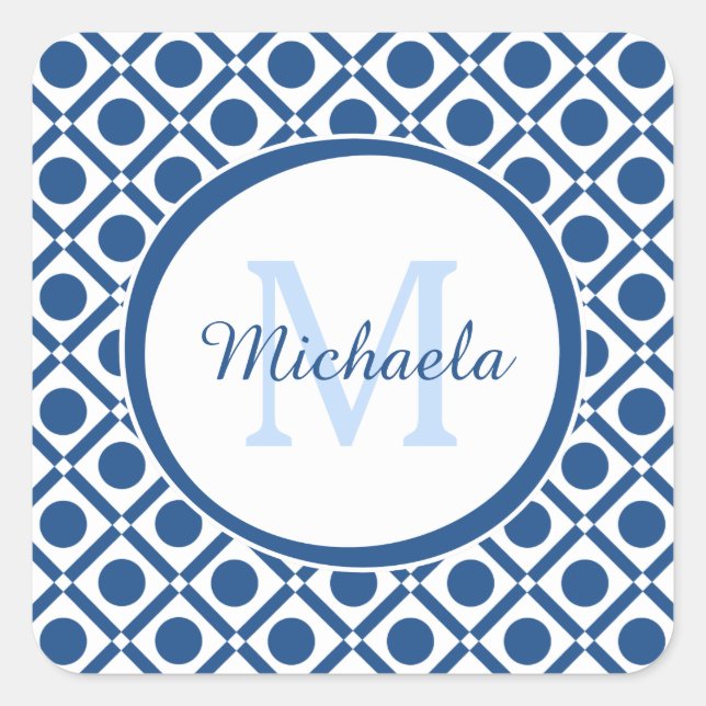 Sticker Carré Monogramme géométrique bleu et blanc moderne avec  (Devant)