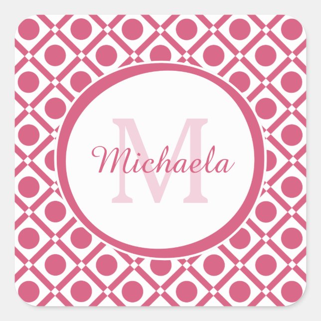 Sticker Carré Monogramme géométrique moderne rose et blanc avec  (Devant)