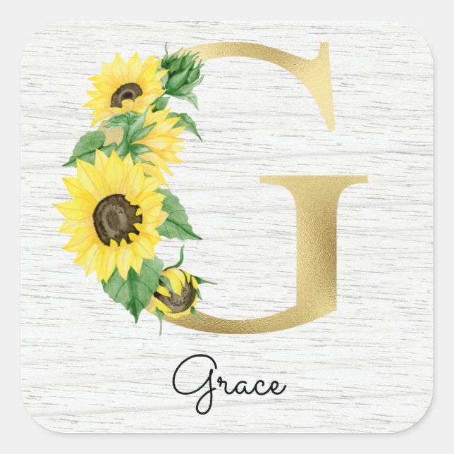 Sticker Carré Monogramme Gold Sunflower Girl Floral Initial G (Devant)