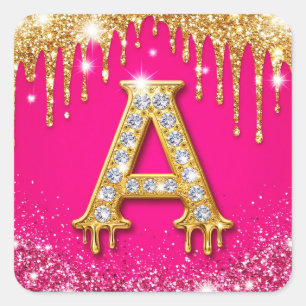 Sticker Carré Monogramme initial A diamant pailleté rose cadre o