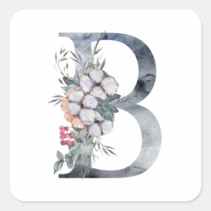 Sticker Carré Monogramme Initial B Floral Bleu