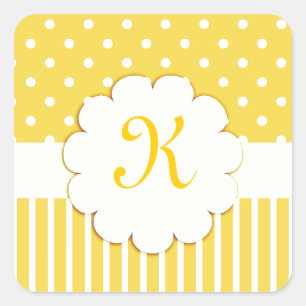 Sticker Carré Monogramme jaune avec Pois et rayures