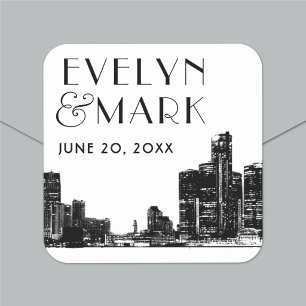 Sticker Carré Monogramme Mariage Art déco noir de Detroit Skylin