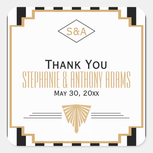 Sticker Carré Monogramme Mariage Art déco noir, or et blanc (Devant)