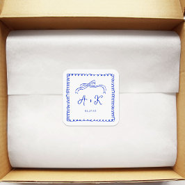 Sticker Carré Monogramme Mariage bleu français tiré à la main