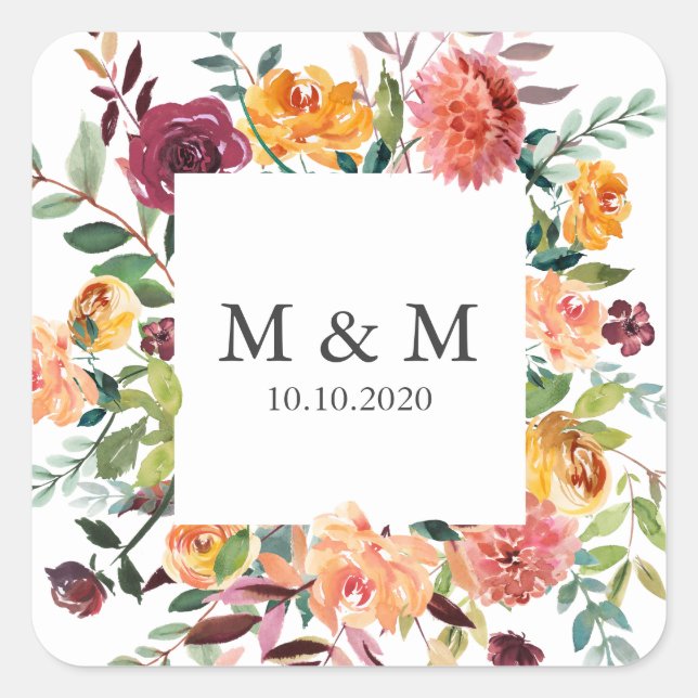 Sticker Carré Monogramme Mariage Floral Chic (Devant)