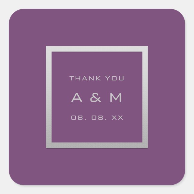 Sticker Carré Monogramme Merci cadre gris Argent Mariage pourpre (Devant)