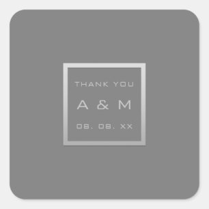 Sticker Carré Monogramme Merci Gris Cadre Argent Date Mariage