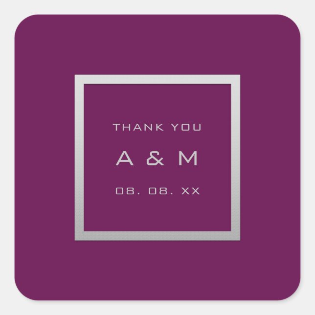 Sticker Carré Monogramme Merci Gris Cadre Argent Mariage Marsala (Devant)