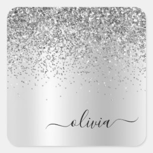Sticker Carré Monogramme Métal Pailleté Argent Nom Glam