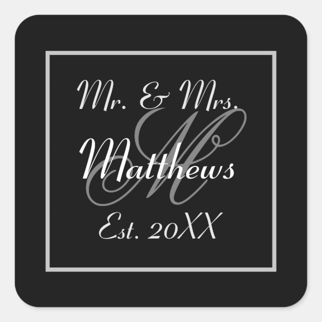 Sticker Carré Monogramme minimal Noir et Blanc Mariage Faveur (Devant)