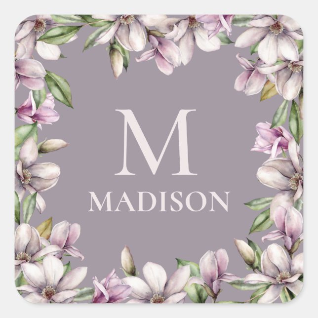 Sticker Carré Monogramme Monogramme Magnolia Floral Personnalisé (Devant)