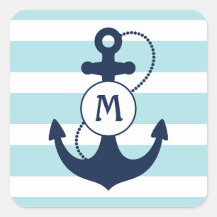 Sticker Carré Monogramme nautique bleu-clair d'Ancre
