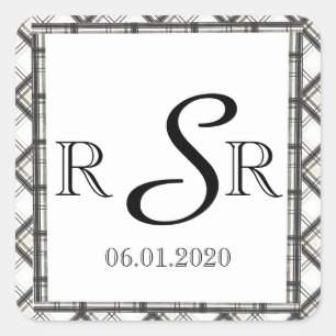 Sticker Carré Monogramme noir et blanc du Mariage plaqué