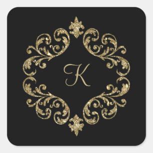 Sticker Carré Monogramme Nom Noir Or Mariage Soirée Formel